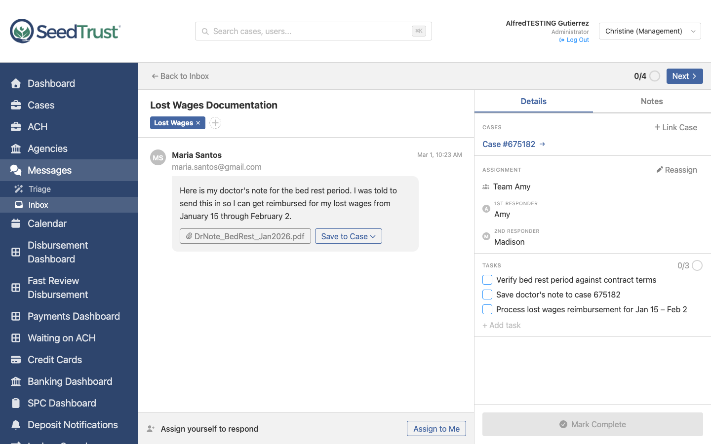 Communications detail showing message thread and action panel