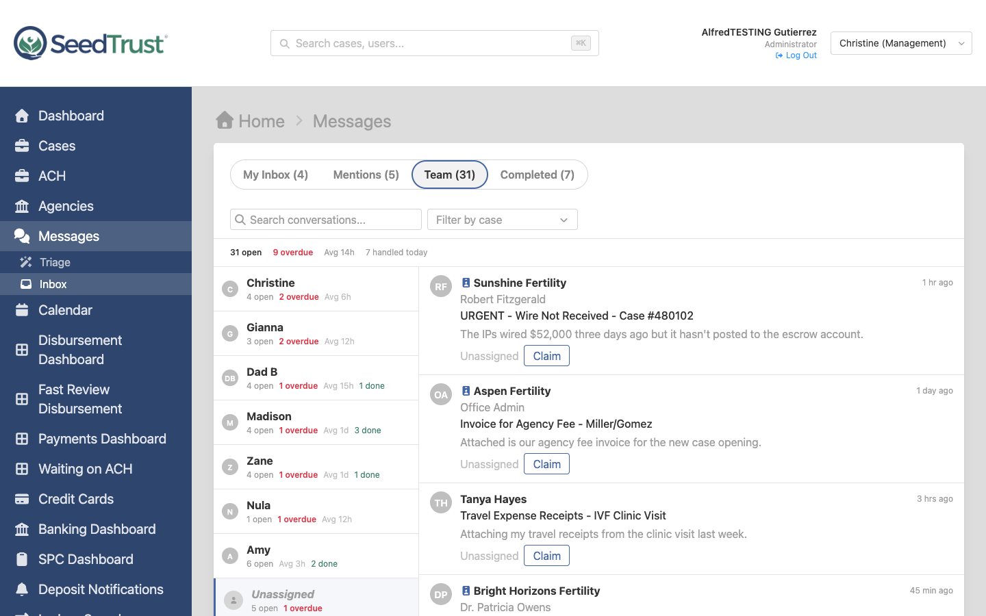 Team tab showing member stats and conversation assignment